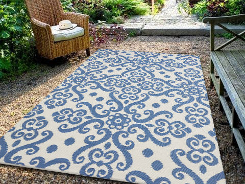  Natural Fibres Scrolls Blue and White Outdoor Hand Woven Floor Rug  - 5