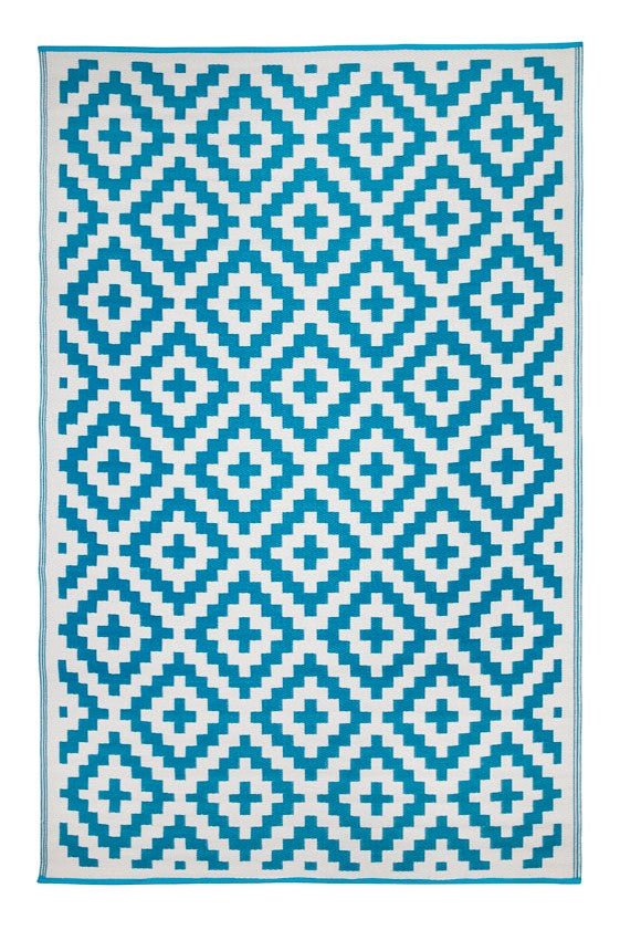  Natural Fibres Aztec Teal and WHITE Recycled Plastic Indoor Outdoor Hand Woven Floor Rug  - 2