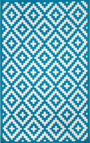  Natural Fibres Aztec Teal and WHITE Recycled Plastic Indoor Outdoor Hand Woven Floor Rug  - 5