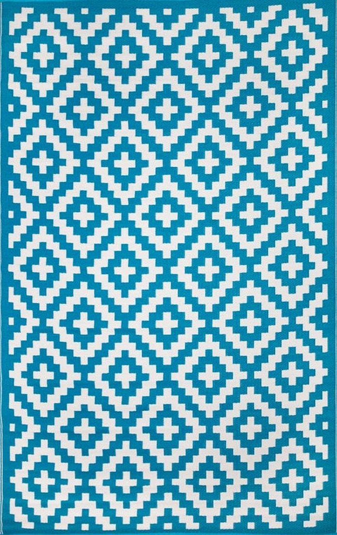  Natural Fibres Aztec Teal and WHITE Recycled Plastic Indoor Outdoor Hand Woven Floor Rug  - 5