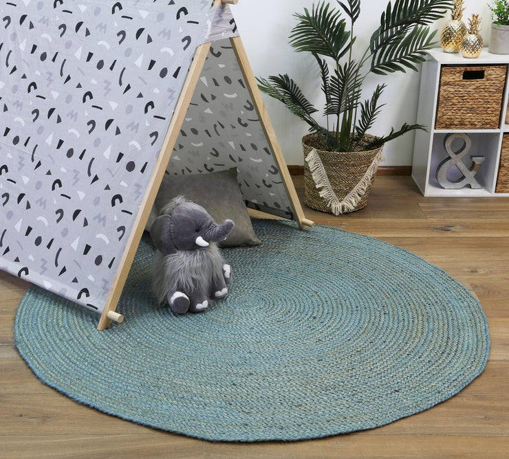  Natural Fibres Classic Blue Hand Woven Jute Round Hand Woven Floor Rug - 3