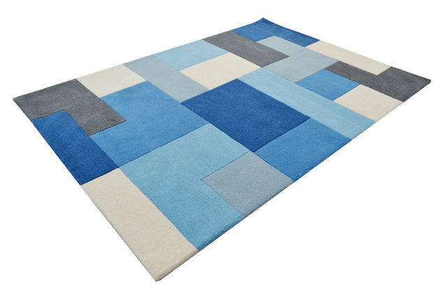  Natural Fibres Boxes Blue Hand Tufted Wool Floor Rug - 6