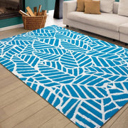  Natural Fibres Leaves Aqua and White Outdoor Hand Woven Floor Rug  - 5