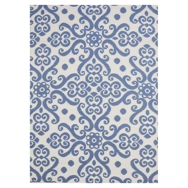  Natural Fibres Scrolls Blue and White Recycled Plastic Indoor Outdoor Hand Woven Floor Rug  - 1