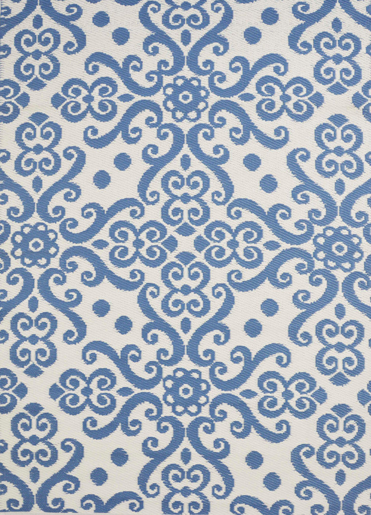  Natural Fibres Scrolls Blue and White Recycled Plastic Indoor Outdoor Hand Woven Floor Rug  - 2