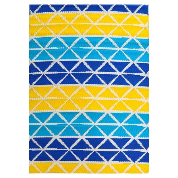 Diamond Lines Blue and Yellow Indoor Outdoor Washable Recycled Plastic Floor Rug
