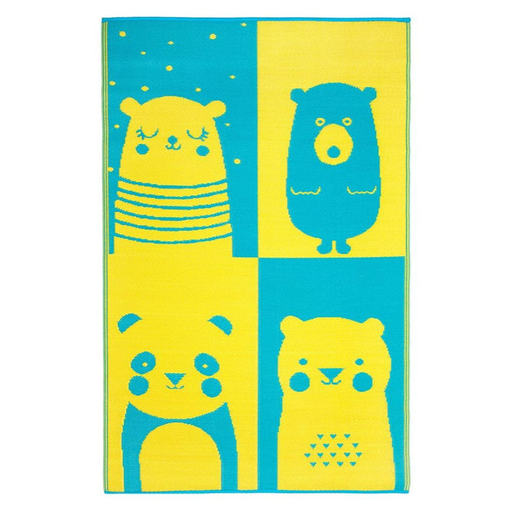  Natural Fibres Nika Bear Blue and Yellow Childrens  Recycled Plastic Indoor Outdoor Hand Woven Floor Rug  - 1