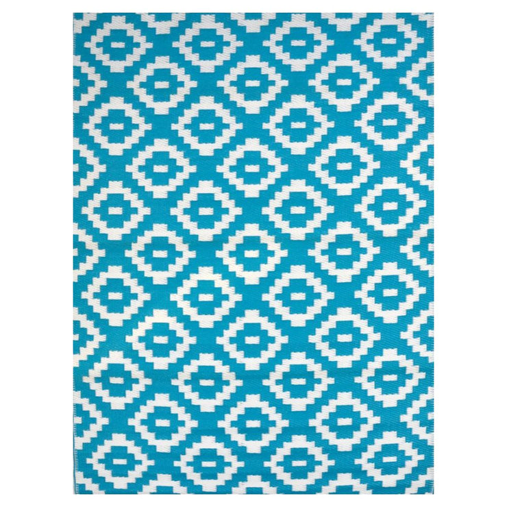  Natural Fibres Diamonds Aqua and White Recycled Plastic Indoor Outdoor Hand Woven Floor Rug  - 1