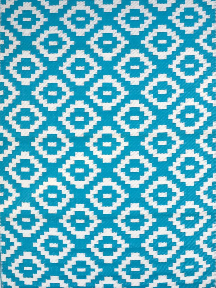  Natural Fibres Diamonds Aqua and White Recycled Plastic Indoor Outdoor Hand Woven Floor Rug  - 2